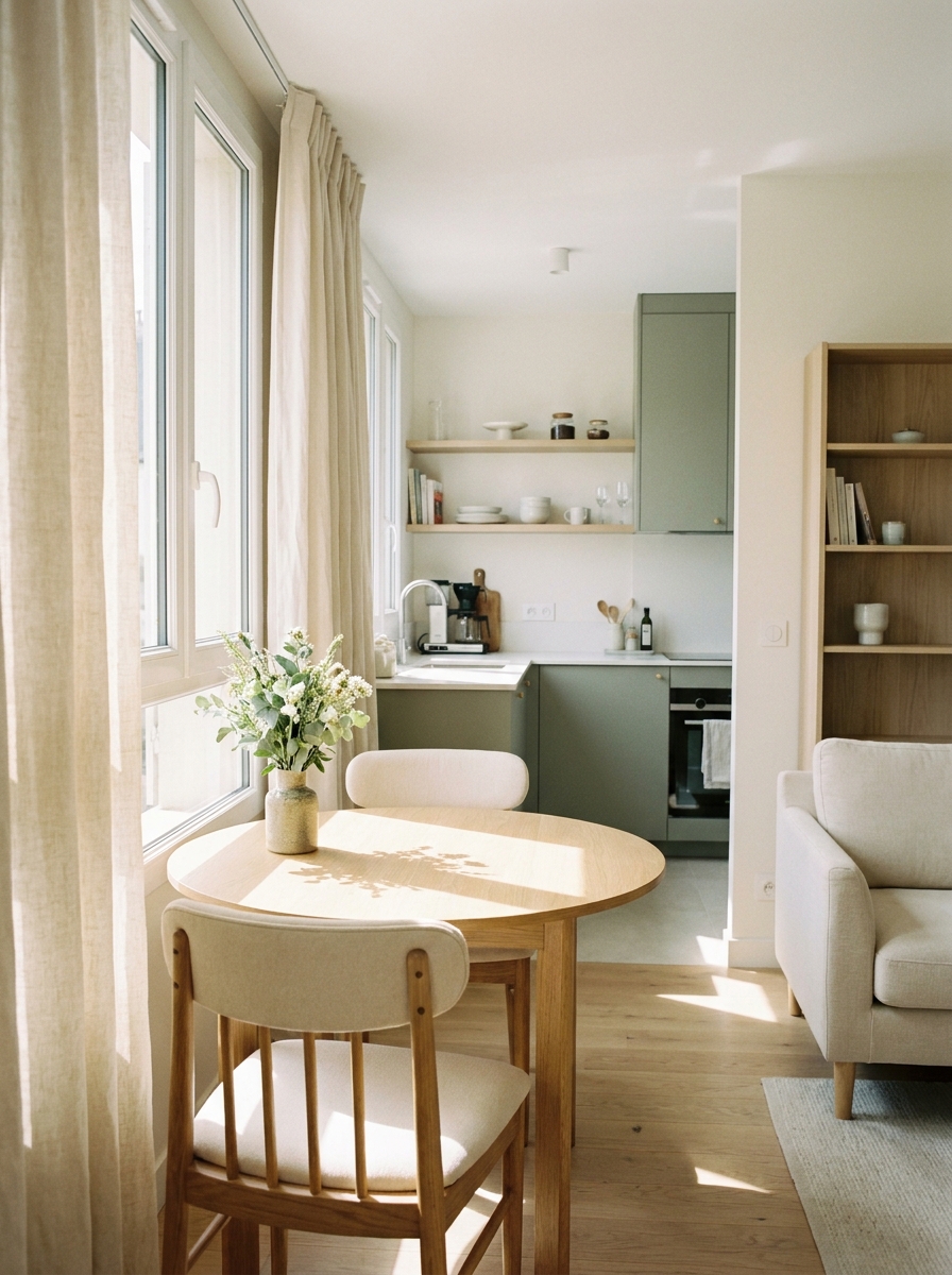 Small apartment dining nook with round light wood table, two chairs, bright window, flowers, curtains, and nearby kitchen