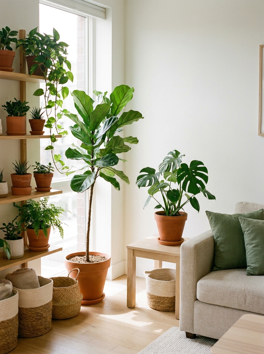 Small apartment living room corner decorated with tall leafy plant, shelf plants, side table plant, and compact sofa