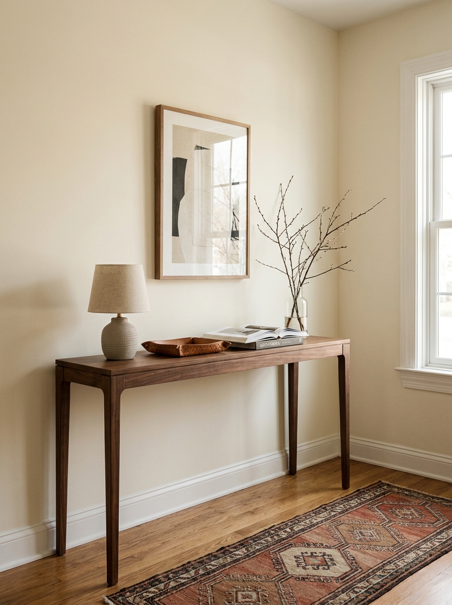 Stylish entryway with a slim walnut console table, ceramic lamp, branch arrangement, runner, and framed artwork