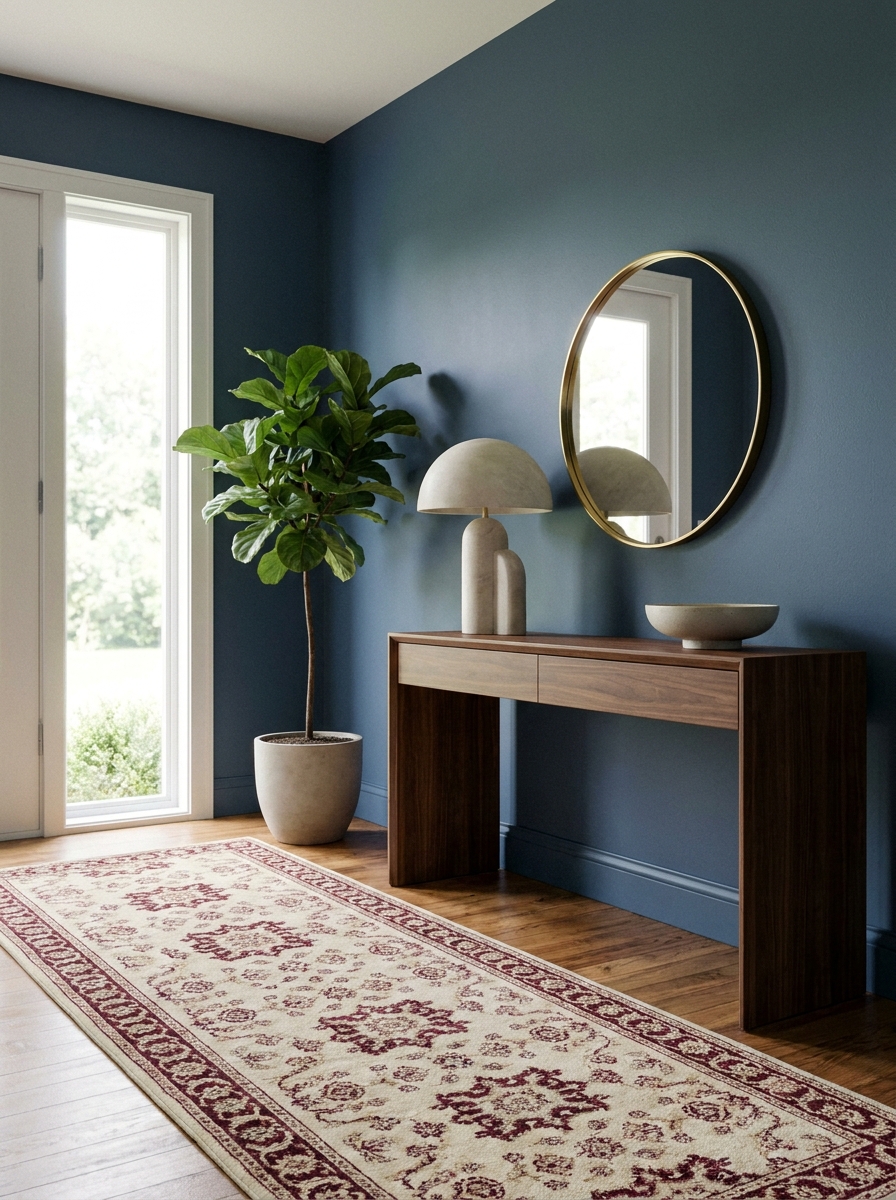 Stylish entryway with dusty blue, cream, and green-gray patterned wallpaper, dark wood console, brass mirror, and ceramic decor