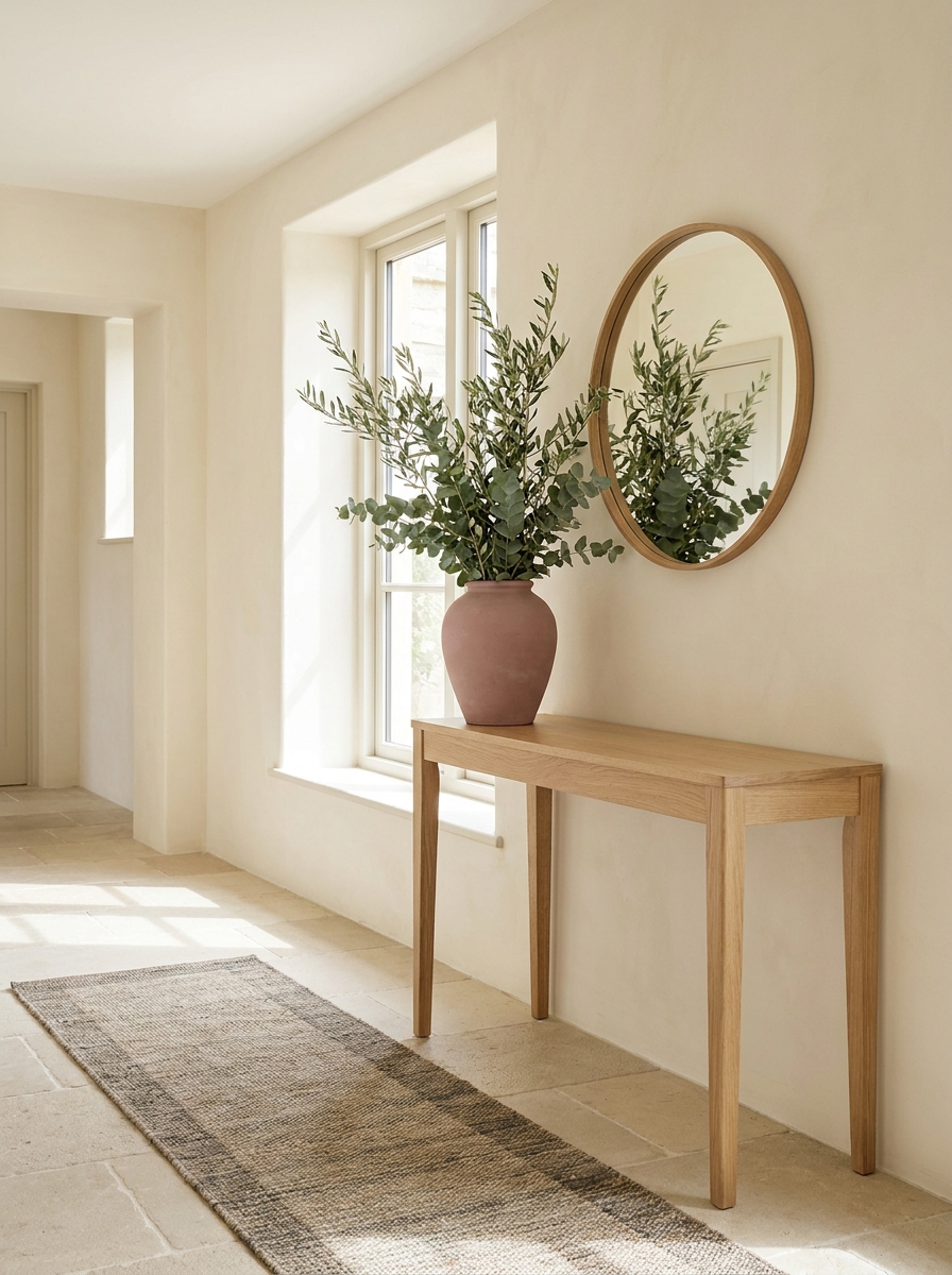 Bold entryway with deep muted blue wall, walnut console, pale stone lamp, brass mirror, and cream-and-burgundy runner
