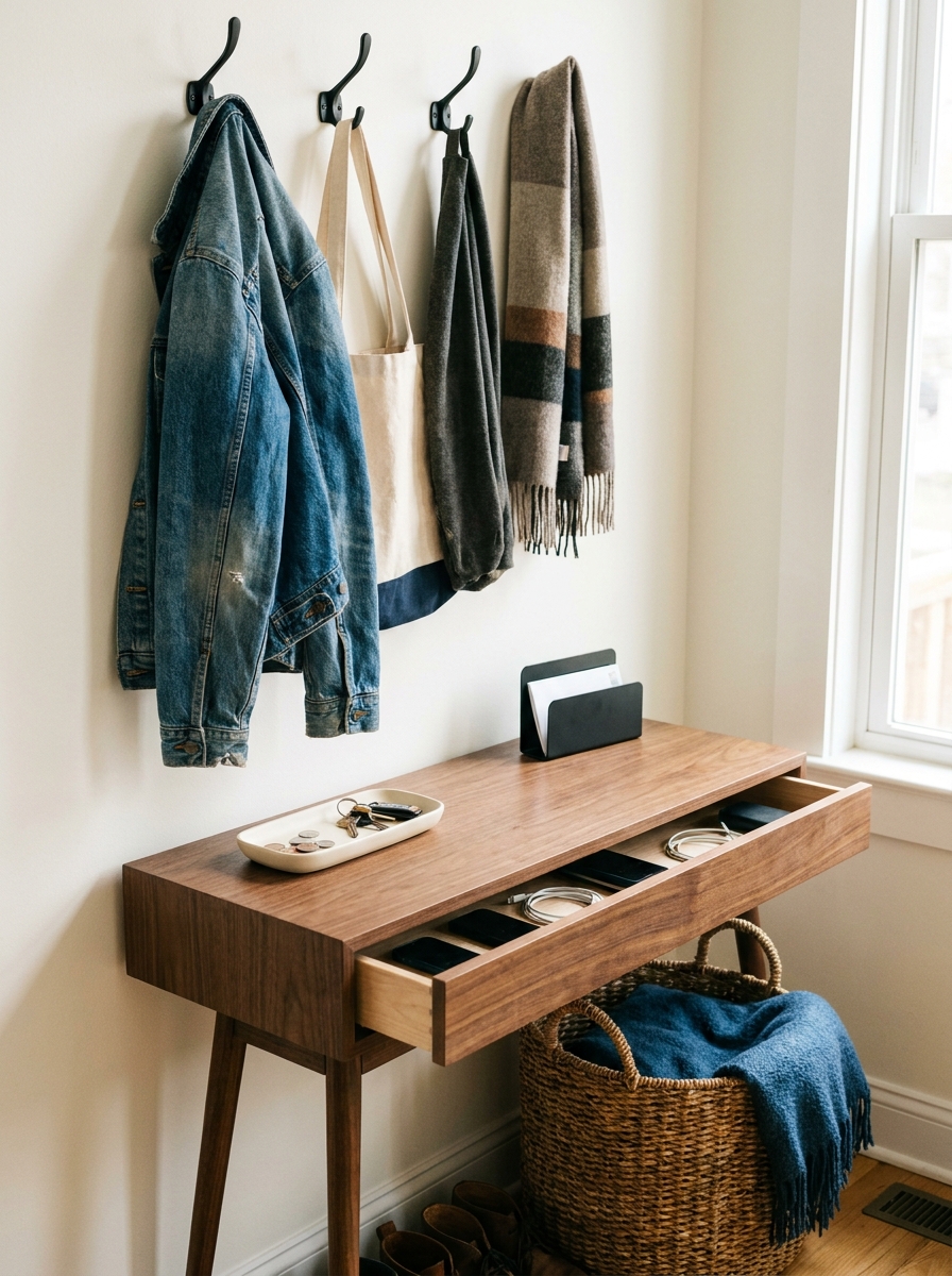 Airy entryway with tall indoor tree or branch arrangement beside a slim console, terracotta vase, light oak furniture, mirror, and runner