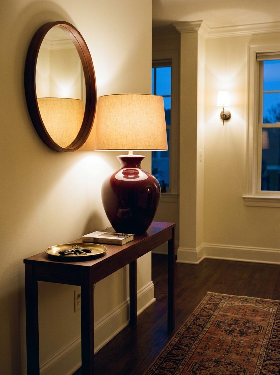 Balanced entryway console styling with sculptural lamp, framed art, stacked books, ceramic bowl, low vase, blue-gray wall, and empty surface space