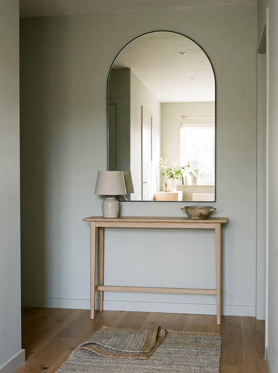 Compact entryway with oversized arched mirror, pale oak console, gray-green walls, lamp, and ceramic bowl
