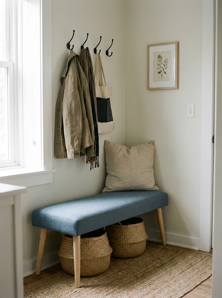 Small apartment entryway with dusty blue upholstered bench, woven baskets underneath, black hooks, cushion, and framed print