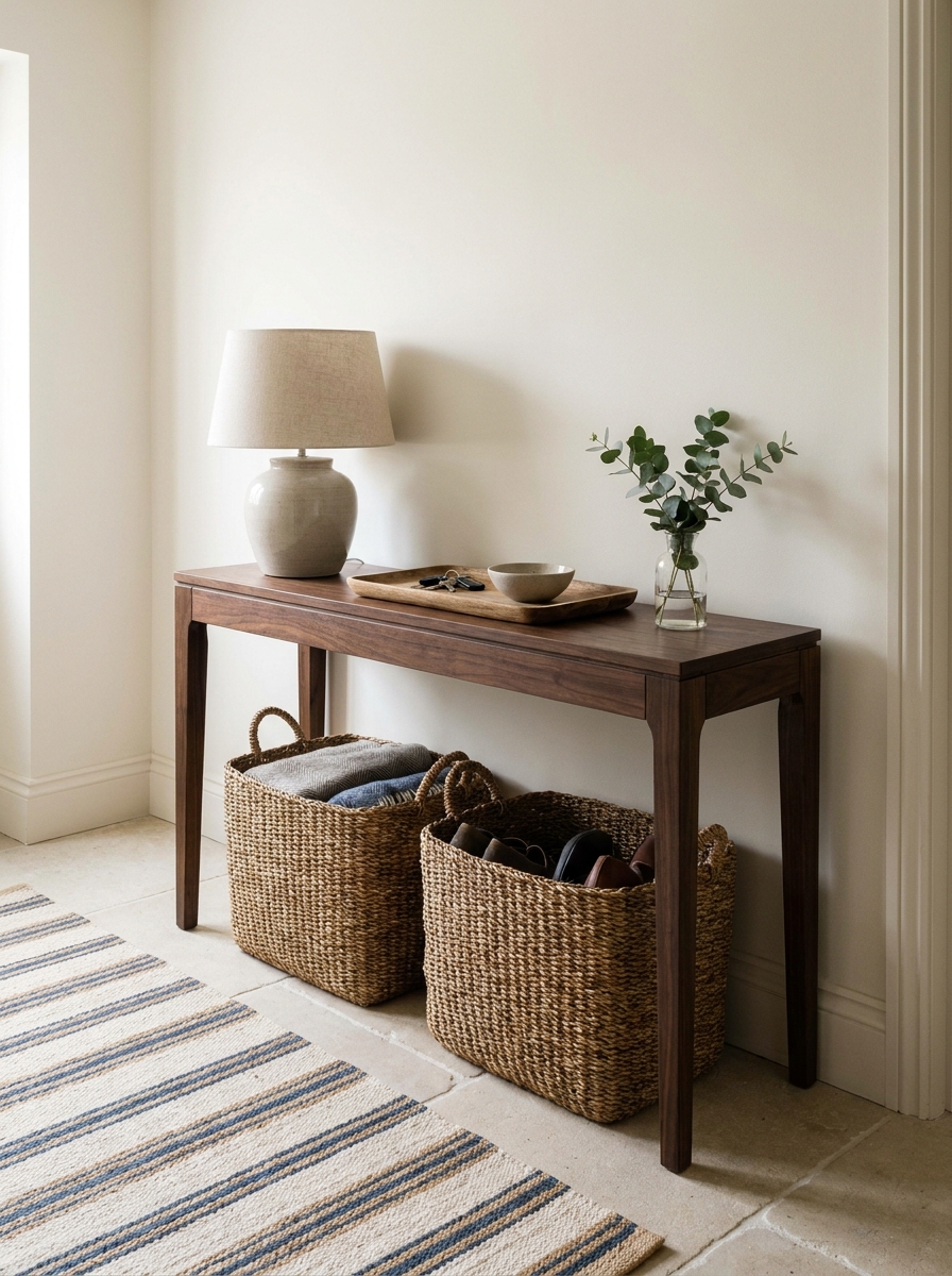 Entryway console with two woven storage baskets underneath, dark walnut table, stone floor, white walls, and striped runner