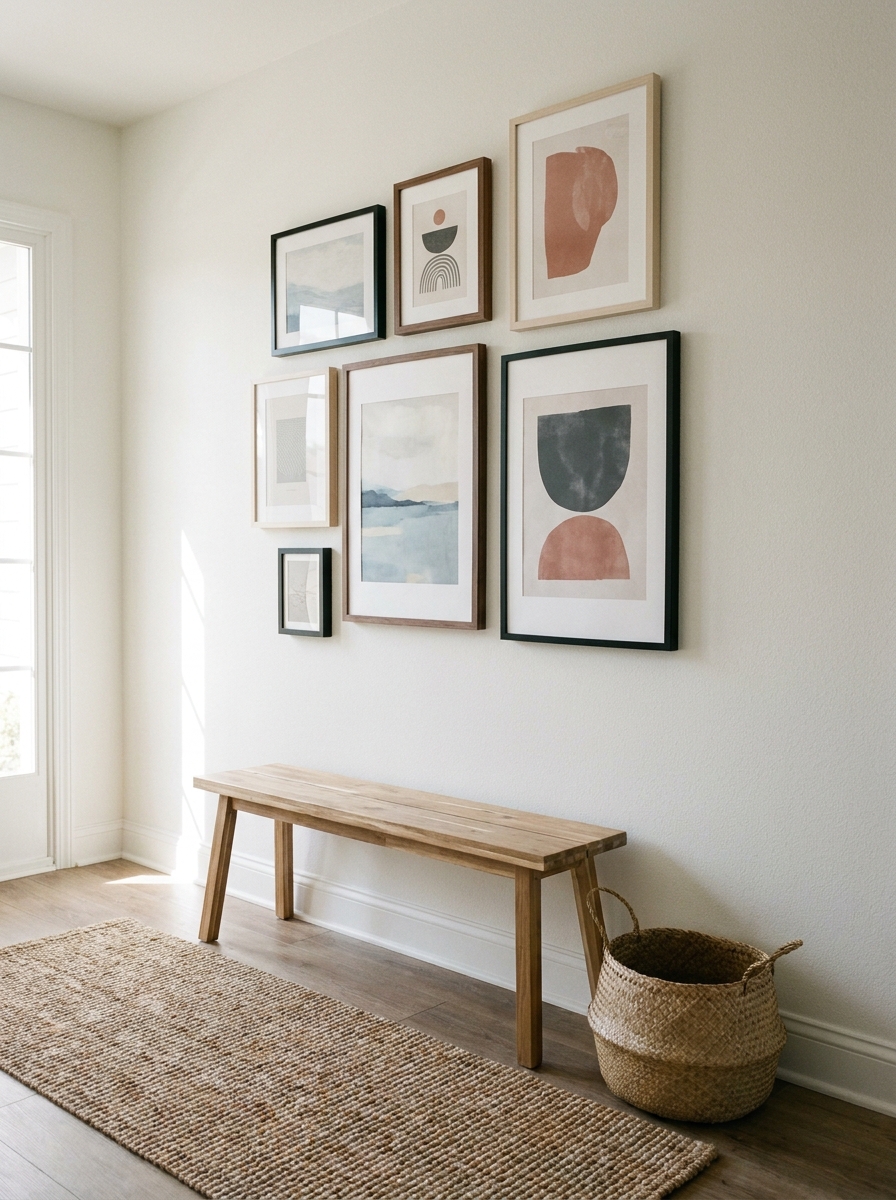 Evening entryway with statement burgundy ceramic table lamp on a slim console, dark wood mirror, tray, and patterned runner