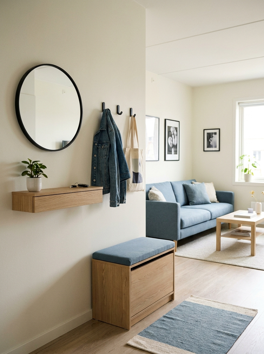 Long narrow entryway with muted blue, rust, cream, and charcoal patterned runner, slim console, art, and warm white walls