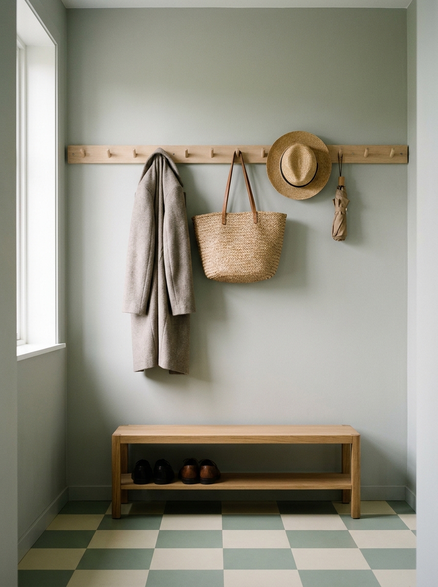 Very small apartment entryway with floating shelf, round mirror, wall hooks, compact shoe cabinet, washable rug, and open living room nearby