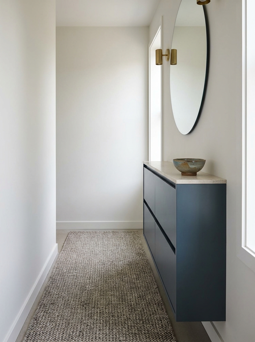 Organized entryway with light wood peg rail, hooks, coat, woven bag, hat, umbrella, low shoe bench, sage-gray walls, and checkerboard floor