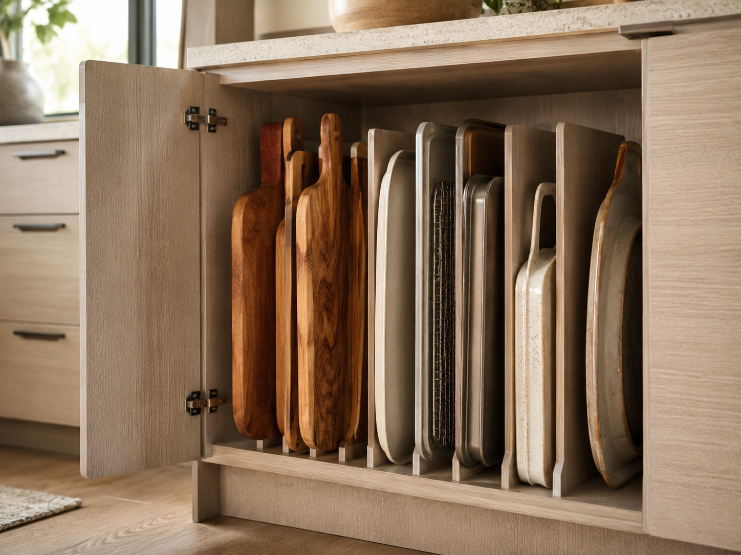 Modern kitchen cabinet interior with vertical dividers storing wooden cutting boards, baking trays, and serving platters