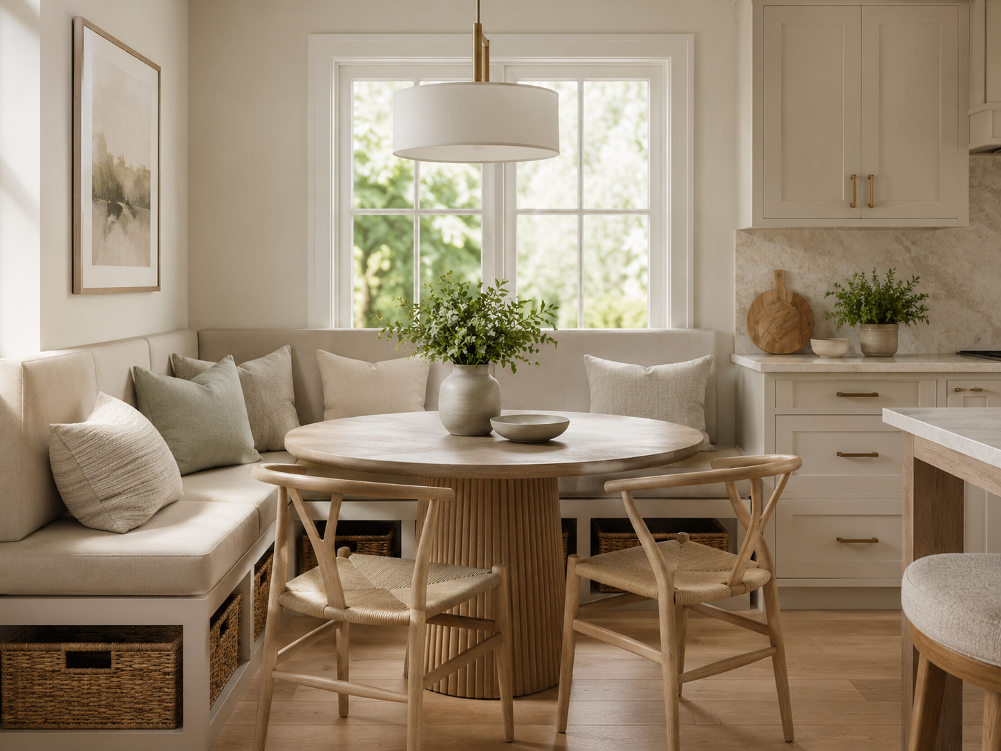 Modern kitchen breakfast nook with built-in bench storage, baskets, round table, simple chairs, neutral tones, and soft daylight