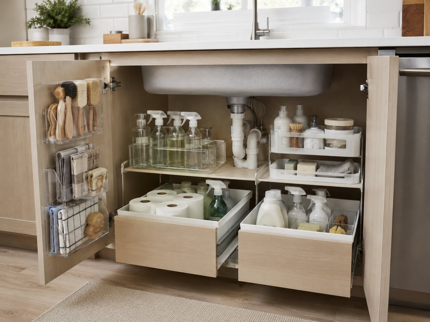 Modern under-sink kitchen cabinet with pull-out bins, labeled caddies, cleaning products, trash bags, sponges, and brushes