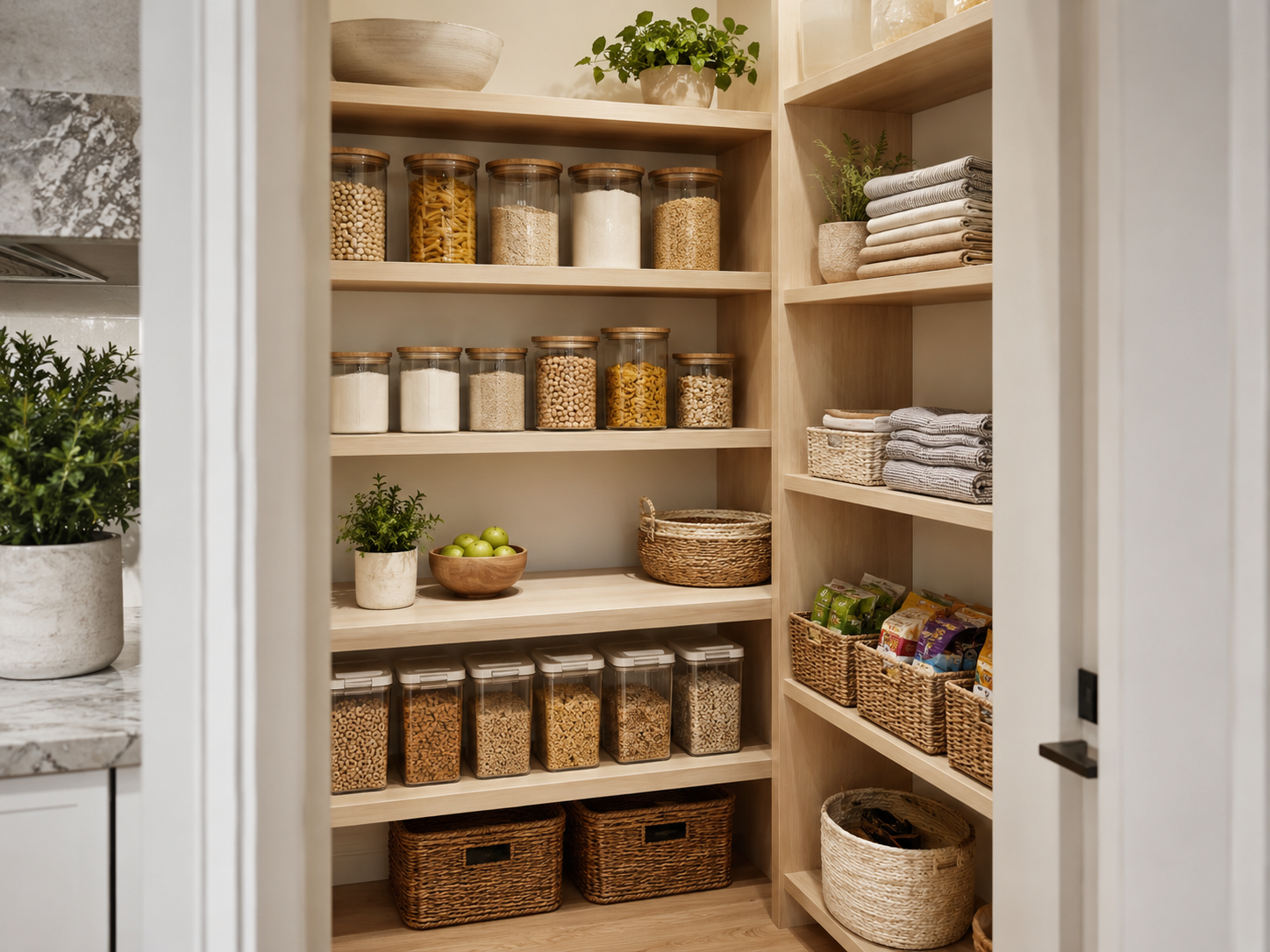 Small modern pantry with matching food containers, folded linens, organized snack baskets, pale wood shelves, and neutral tones