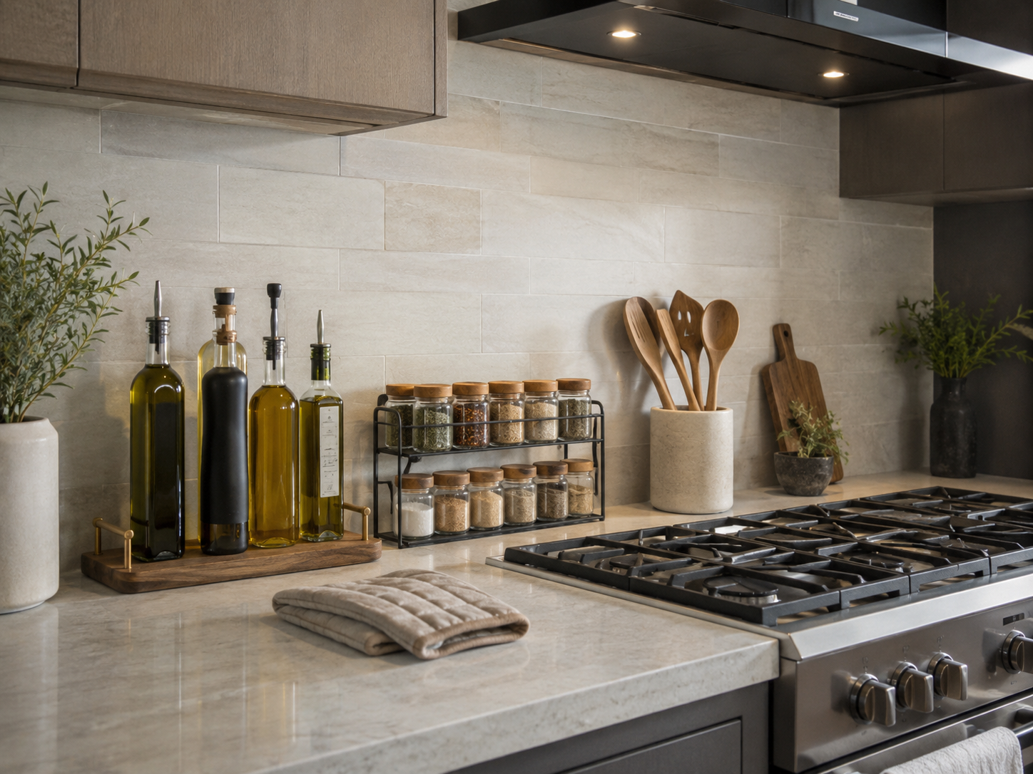 Modern kitchen cooking zone near stove with arranged oils, spices, wooden utensils, folded oven mitt, clean backsplash, and organized counter