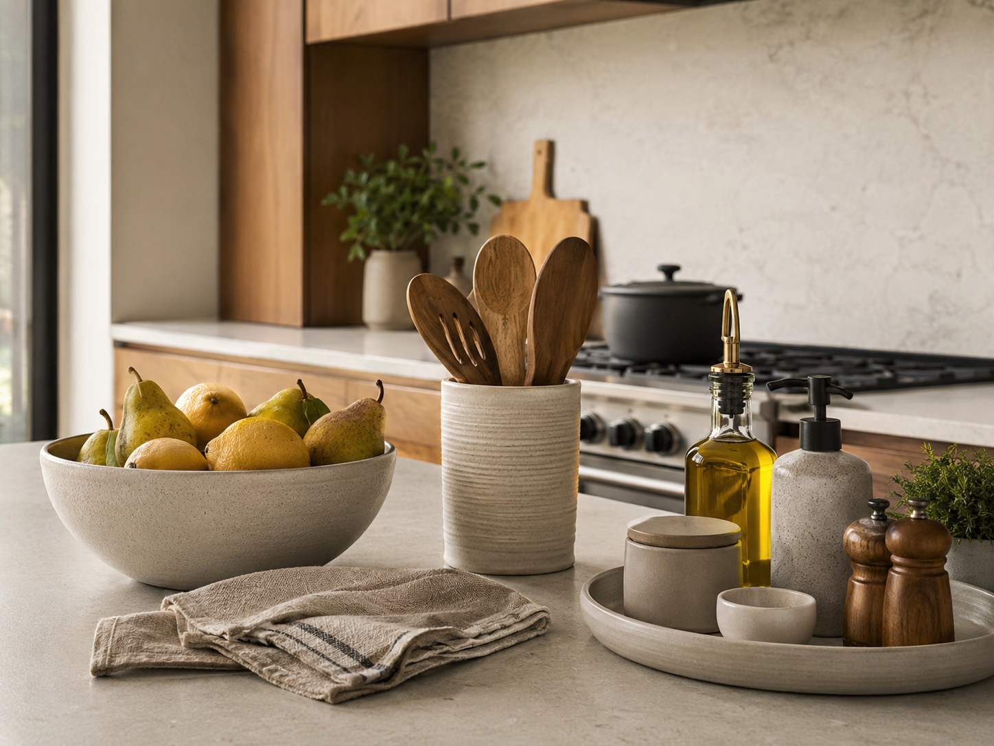 Modern kitchen styling scene with functional decor including ceramic fruit bowl, utensil crock, folded linen, and tray with everyday items