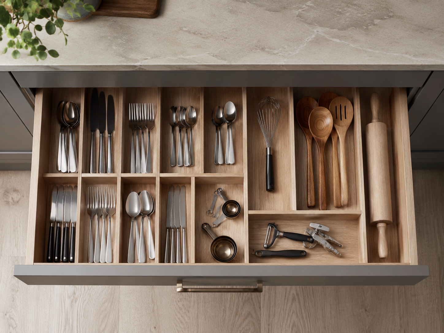 Top-down modern kitchen drawer with dividers organizing cutlery, wooden utensils, measuring spoons, and kitchen tools