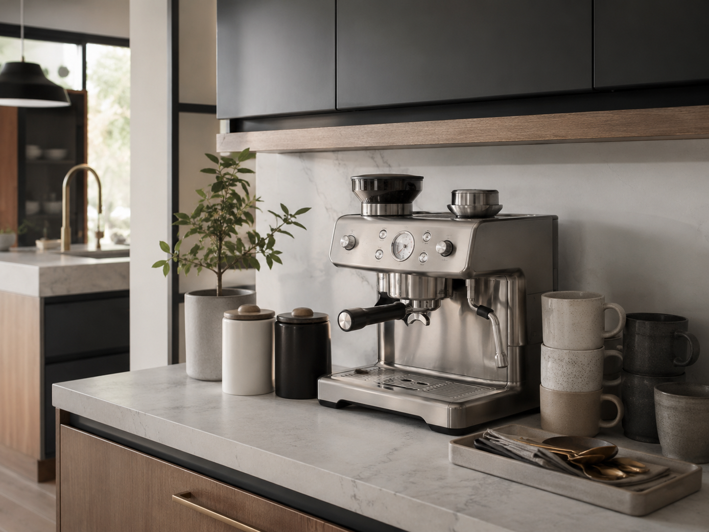 Modern kitchen coffee station with espresso machine, stacked mugs, minimalist canisters, tray, spoons, and light stone counter