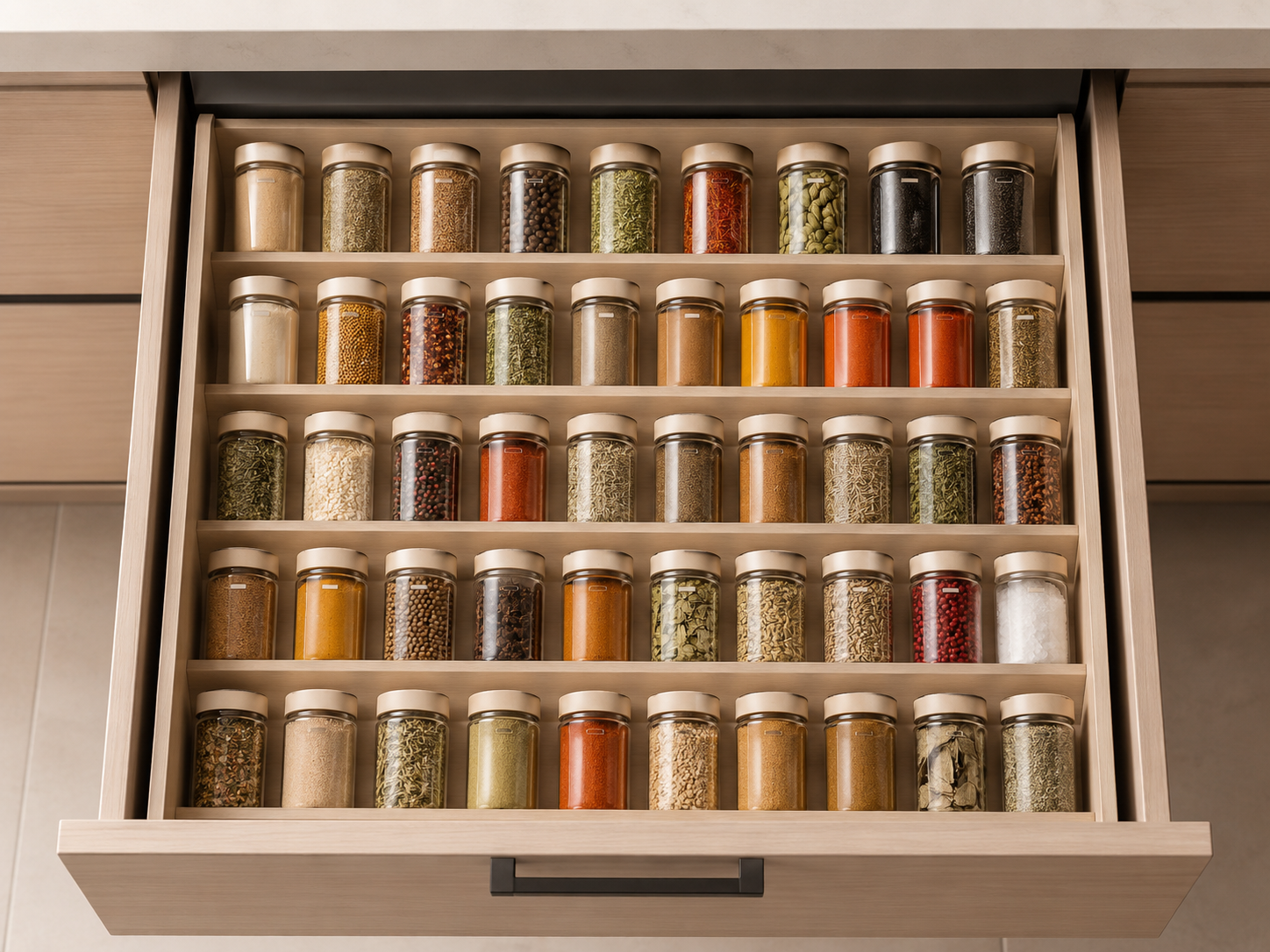 Top-down modern kitchen spice drawer with matching spice jars arranged in angled insert and warm neutral tones