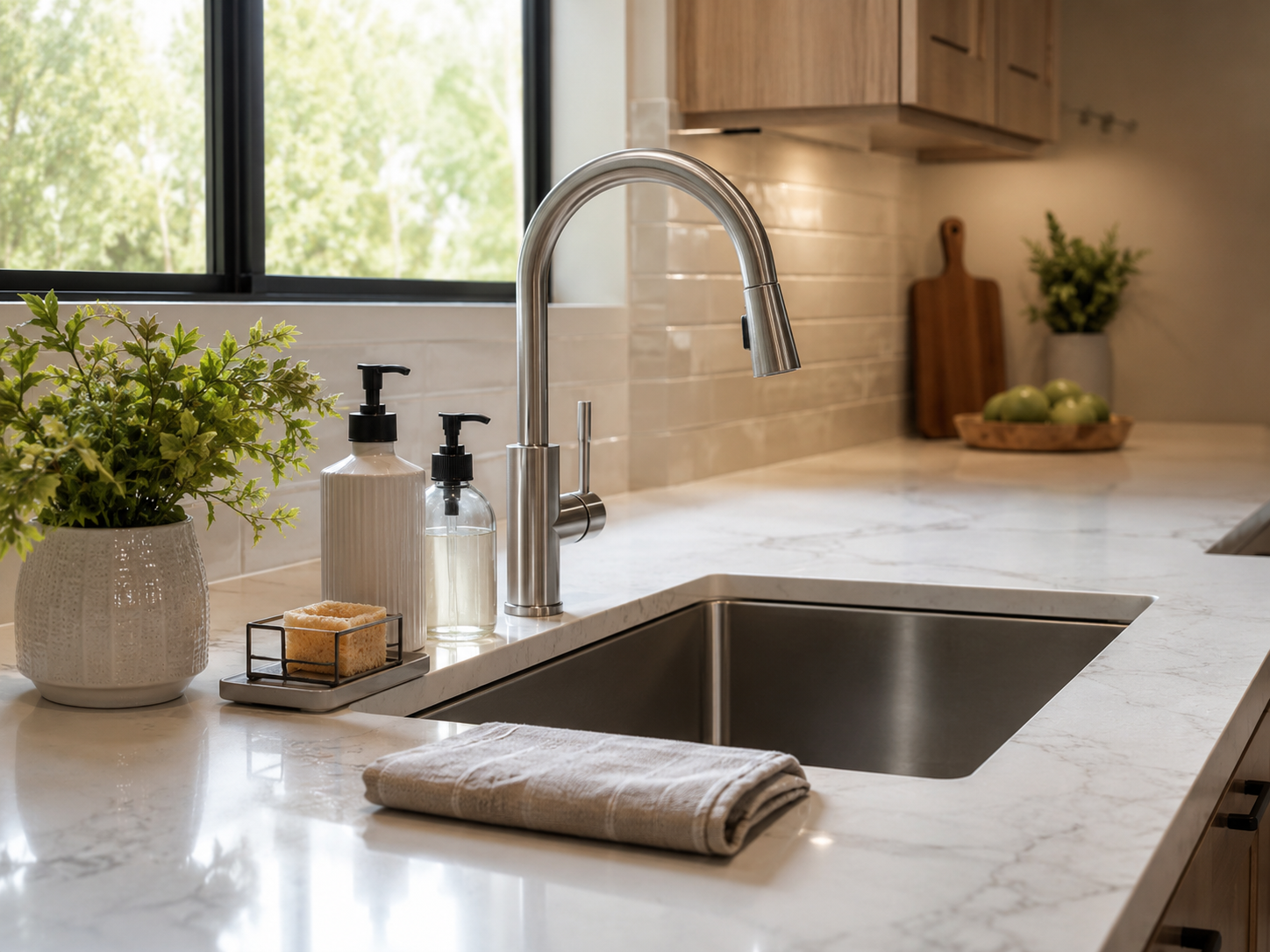 Modern kitchen sink area with tidy soap dispenser, hand soap, sponge holder, folded dish towel, sleek faucet, and small plant