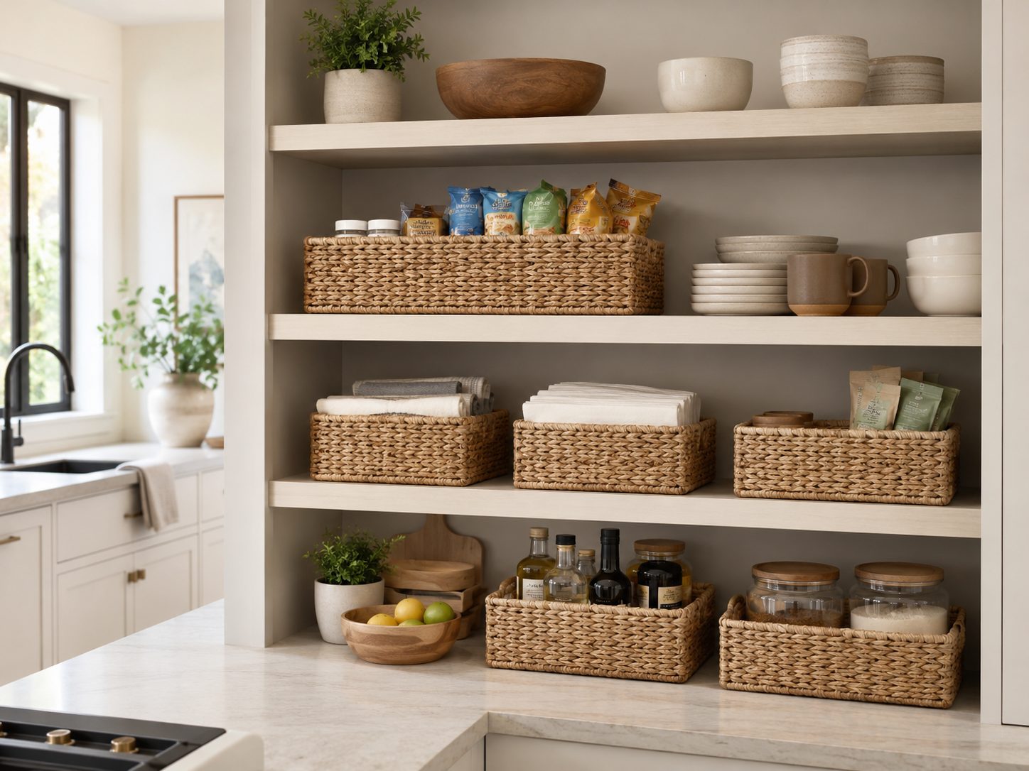 Modern kitchen open shelves with clean woven baskets for snacks, napkins, and essentials alongside ceramics and neutral bowls