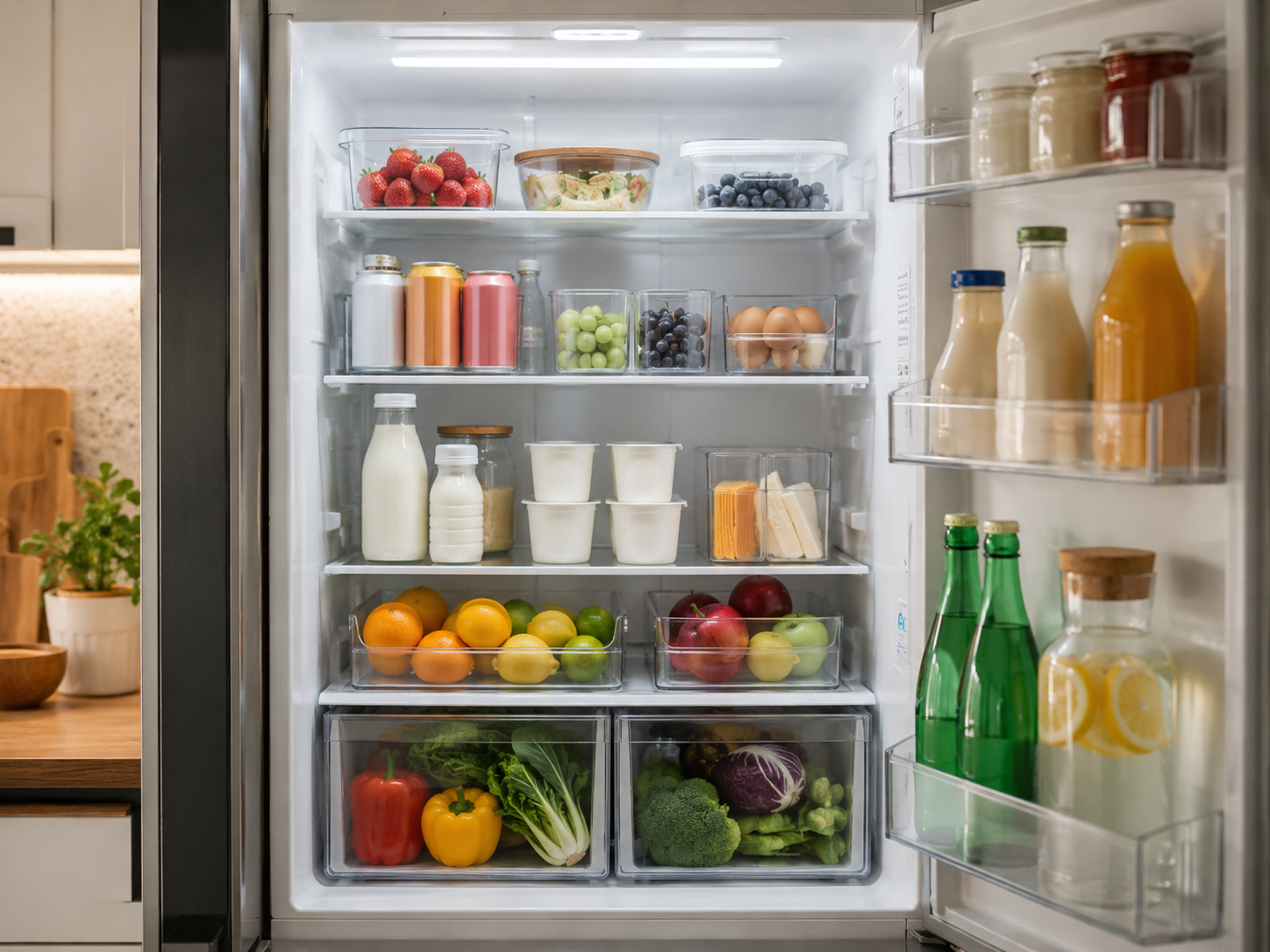 Organized fridge interior with clear bins grouping drinks, dairy, fruit, vegetables, and sauces in a clean realistic layout