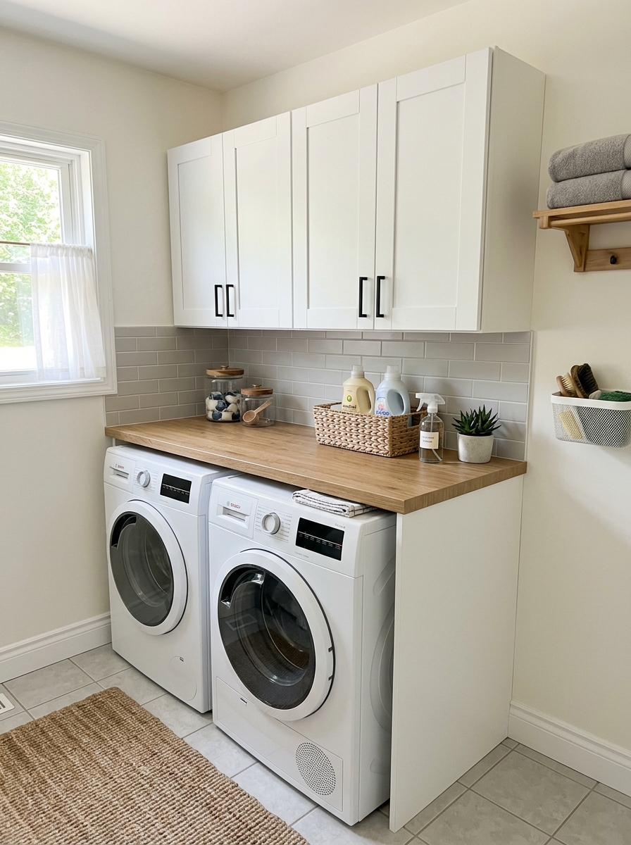 Small laundry room with side-by-side washer and dryer, white upper cabinets, slim countertop, storage containers, light walls, and simple tile floor