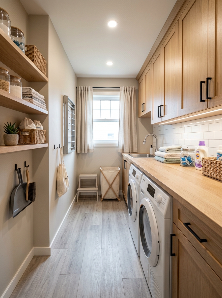 Narrow galley laundry room with side-by-side washer and dryer, storage cabinets, continuous countertop, clean walkway, and light neutral colors
