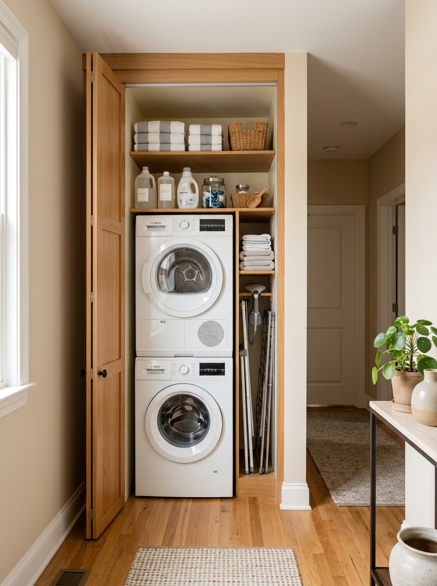 Hidden laundry closet with stacked washer and dryer behind open cabinet doors, shelves for detergent and towels, and warm neutral storage