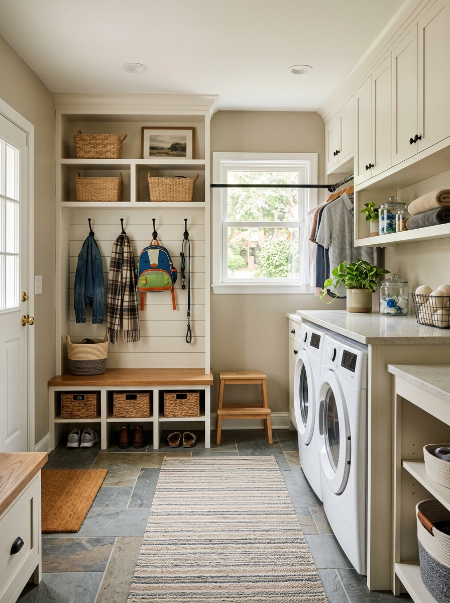 Mudroom and laundry room combo with washer and dryer, cabinetry, built-in bench, wall hooks, shoe storage, and baskets