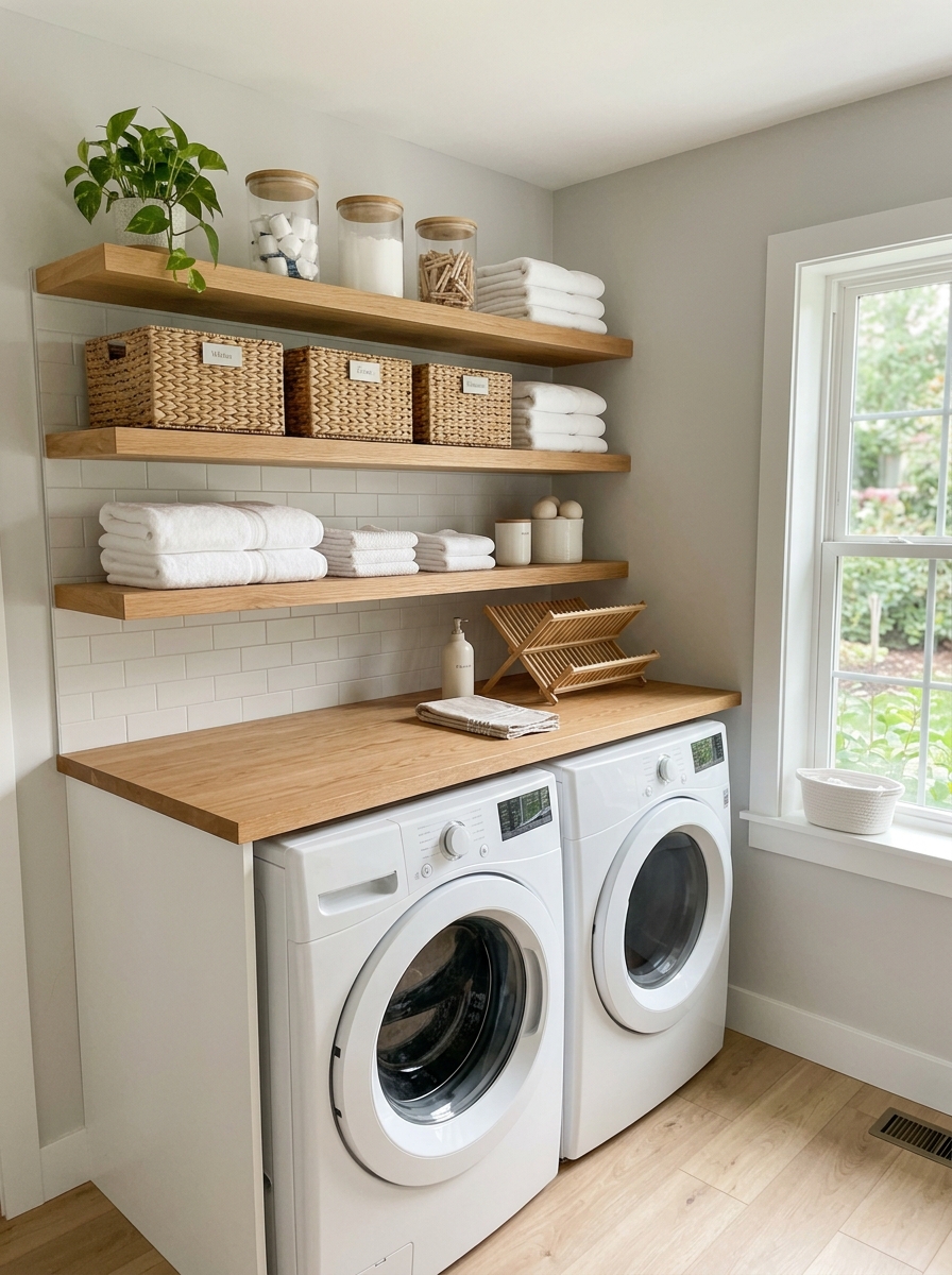 Laundry room with washer and dryer, floating shelves above, baskets, glass jars, folded white towels, and a simple countertop