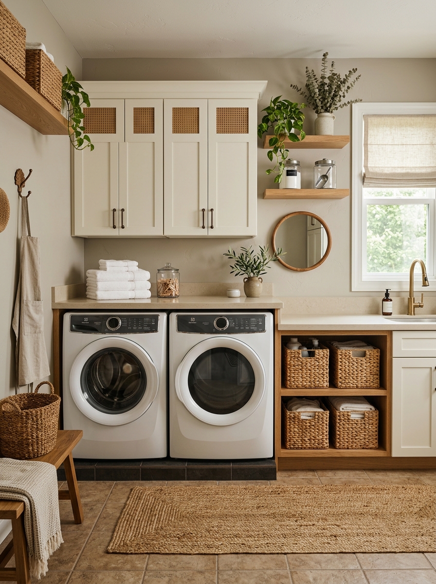 Warm neutral laundry room with side-by-side washer and dryer, creamy cabinetry, soft greige walls, wood accents, woven baskets, and pale countertop