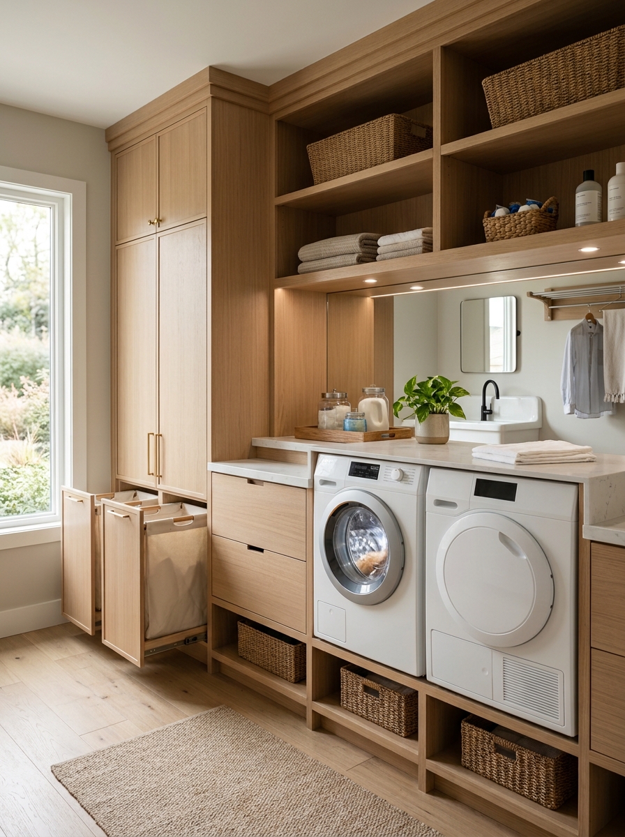 Laundry room with full built-in storage wall, front-loading washer and dryer, tall cabinets, lower drawers, hampers, shelves, and folding surface