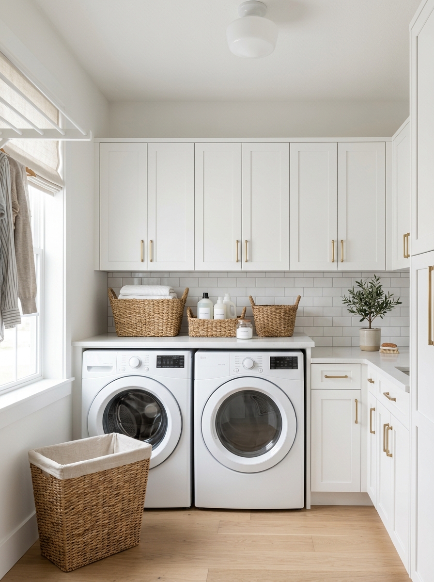 Bright white laundry room with side-by-side washer and dryer, white shaker cabinets, white countertop, tile backsplash, brushed hardware, and woven baskets