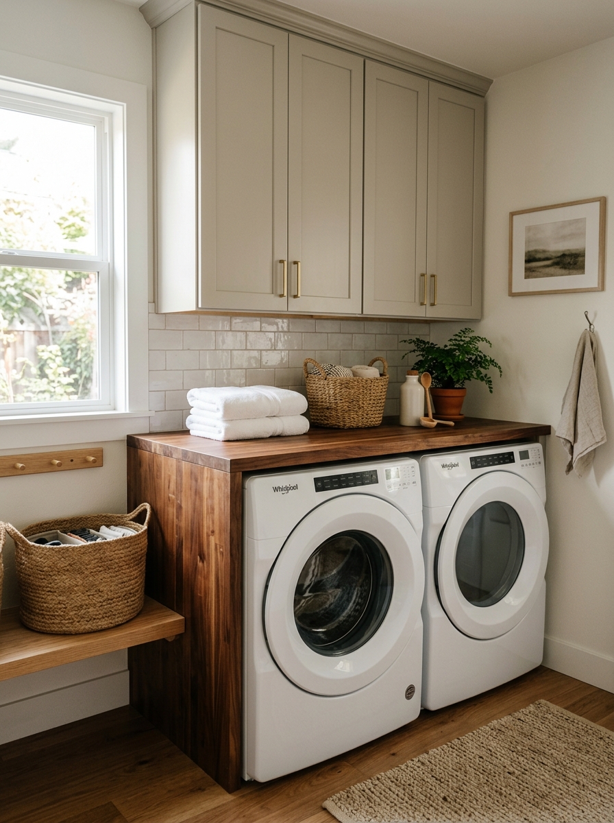 Laundry room with warm wood countertop over front-loading machines, soft greige cabinetry, folded towels, woven baskets, and small backsplash