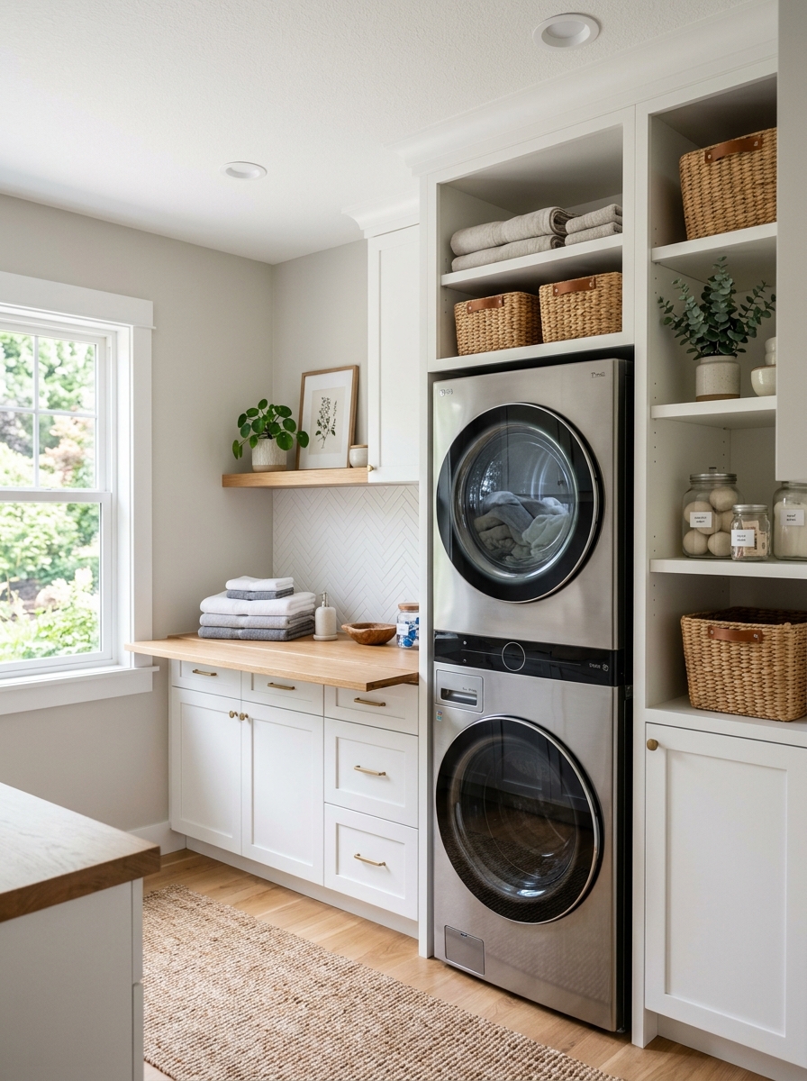 Stylish laundry room with stacked washer and dryer built into a cabinet alcove, nearby shelves, small folding counter, and storage baskets