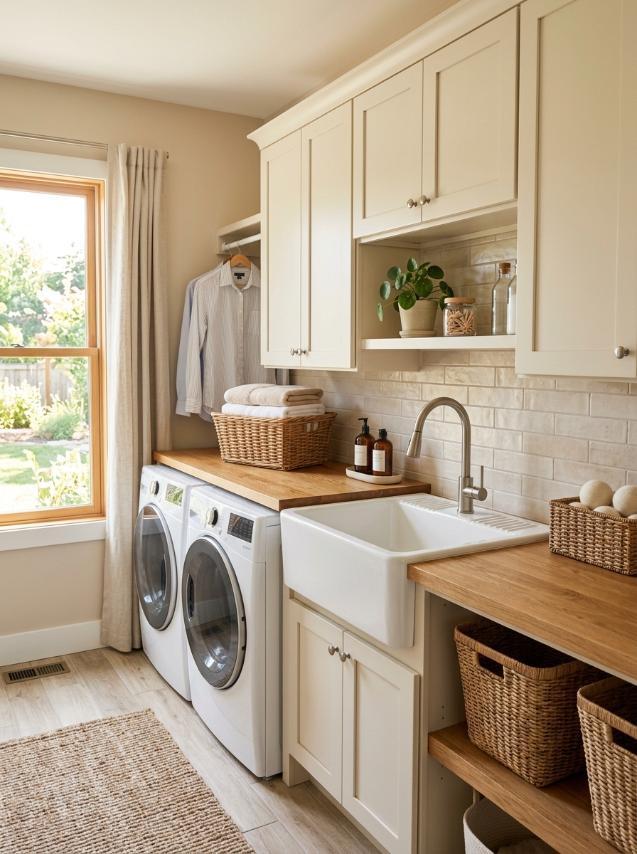Functional laundry room with utility sink, modern faucet, long folding counter, front-loading washer and dryer, upper cabinets, and tidy baskets