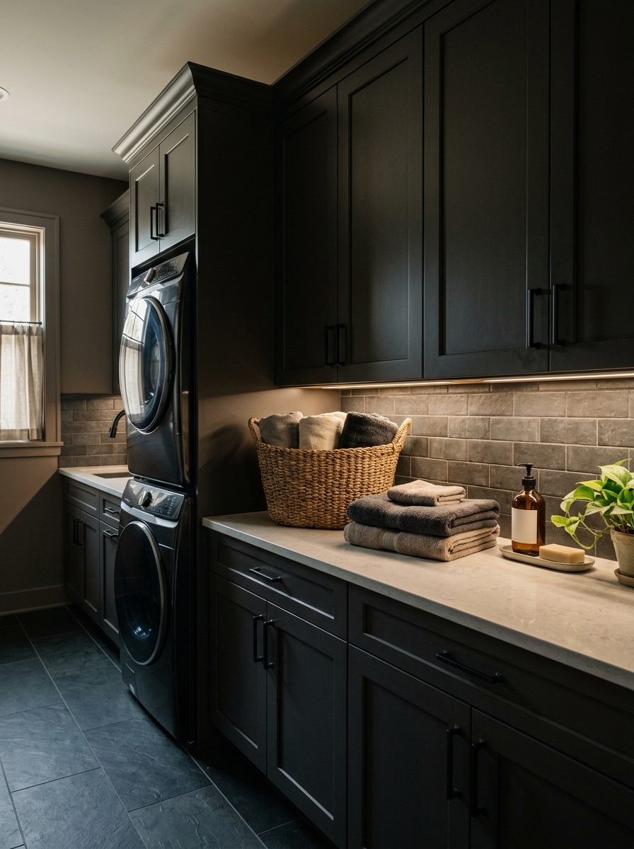 Moody laundry room with dark charcoal cabinets, front-loading washer and dryer, pale stone countertop, warm under-cabinet lighting, baskets, and folded towels