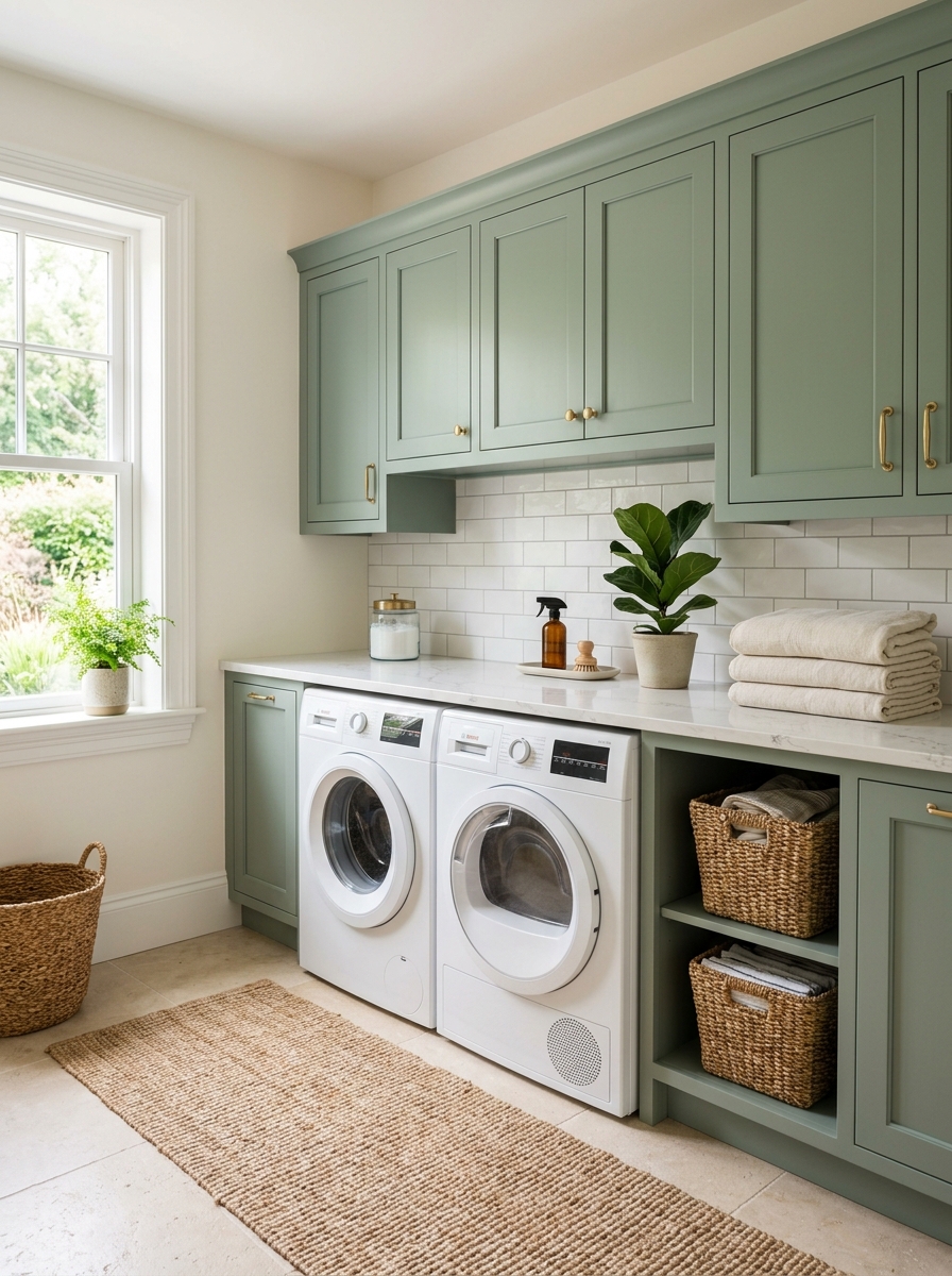 Laundry room with sage green upper and lower cabinets, side-by-side washer and dryer, white countertop, brass hardware, woven baskets, and folded linens