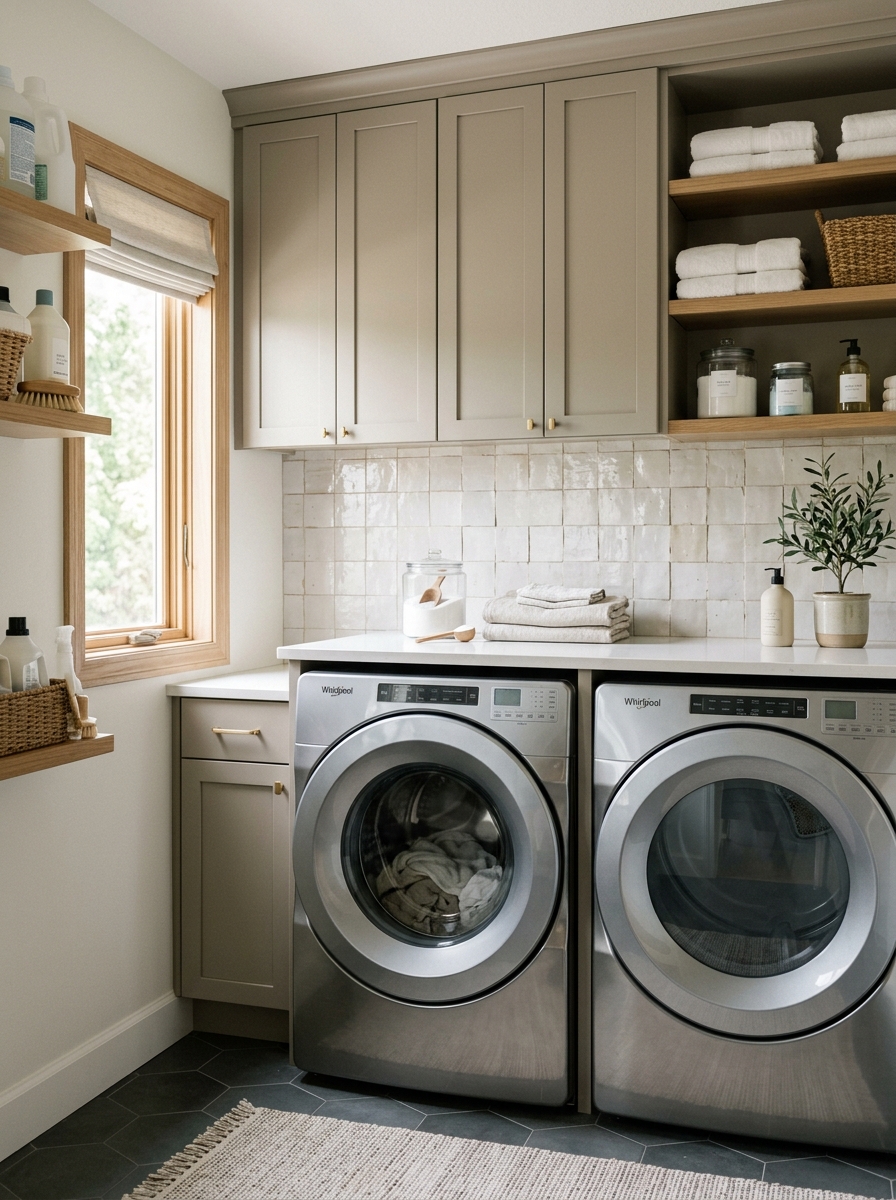 Laundry room with front-loading machines, greige cabinetry, countertop, and textured tile backsplash in a polished practical design