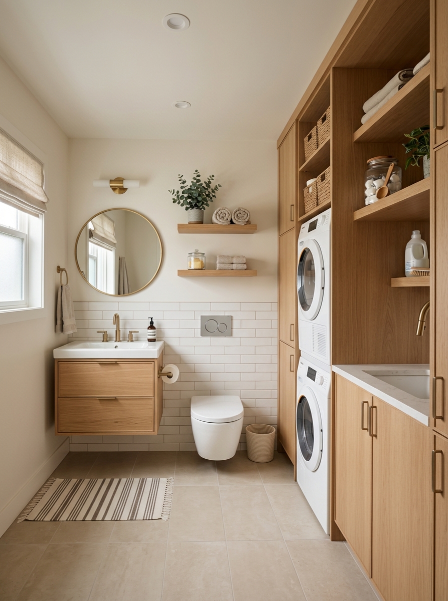 Laundry room bathroom combo with vanity and toilet on one side, stacked washer and dryer built into cabinetry, warm neutral tones, and simple tile