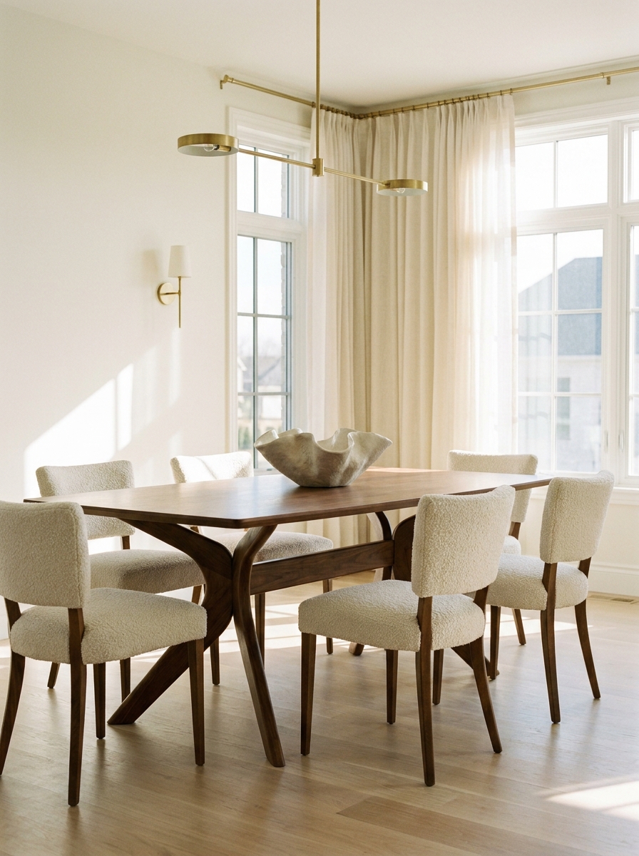 Bright ivory and walnut mid-century dining room with upholstered chairs, brass details, and ceramic centerpiece