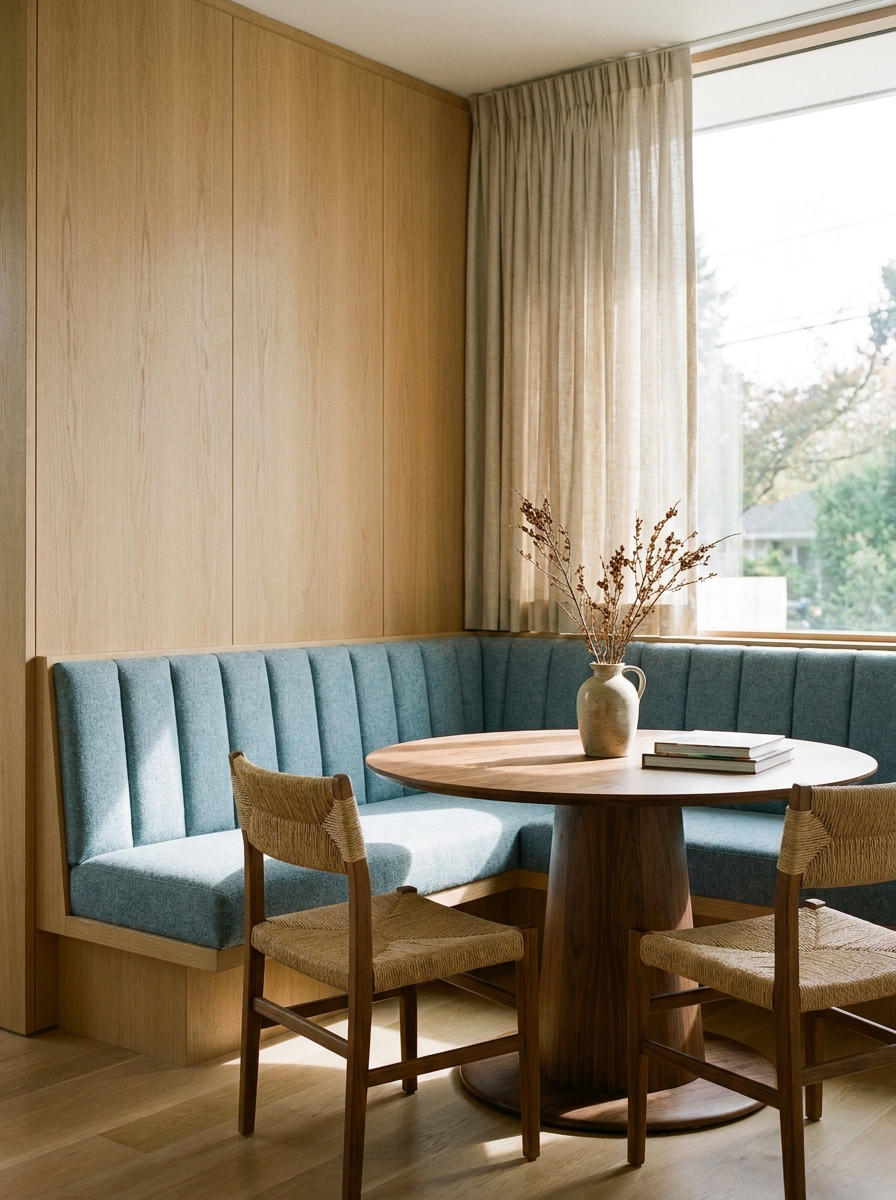Mid-century modern dining nook with built-in banquette, walnut table, simple chairs, and natural daylight