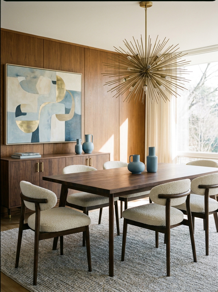 Dark walnut dining room with cream boucle dining chairs, pendant light, sideboard, and abstract art