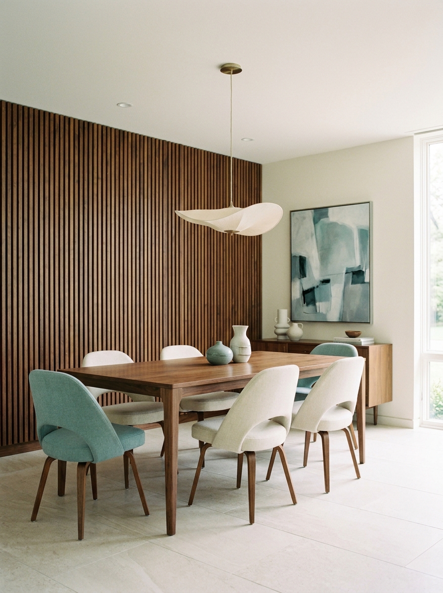 Slatted wood feature wall in a mid-century dining room with walnut table, sleek chairs, and pendant light