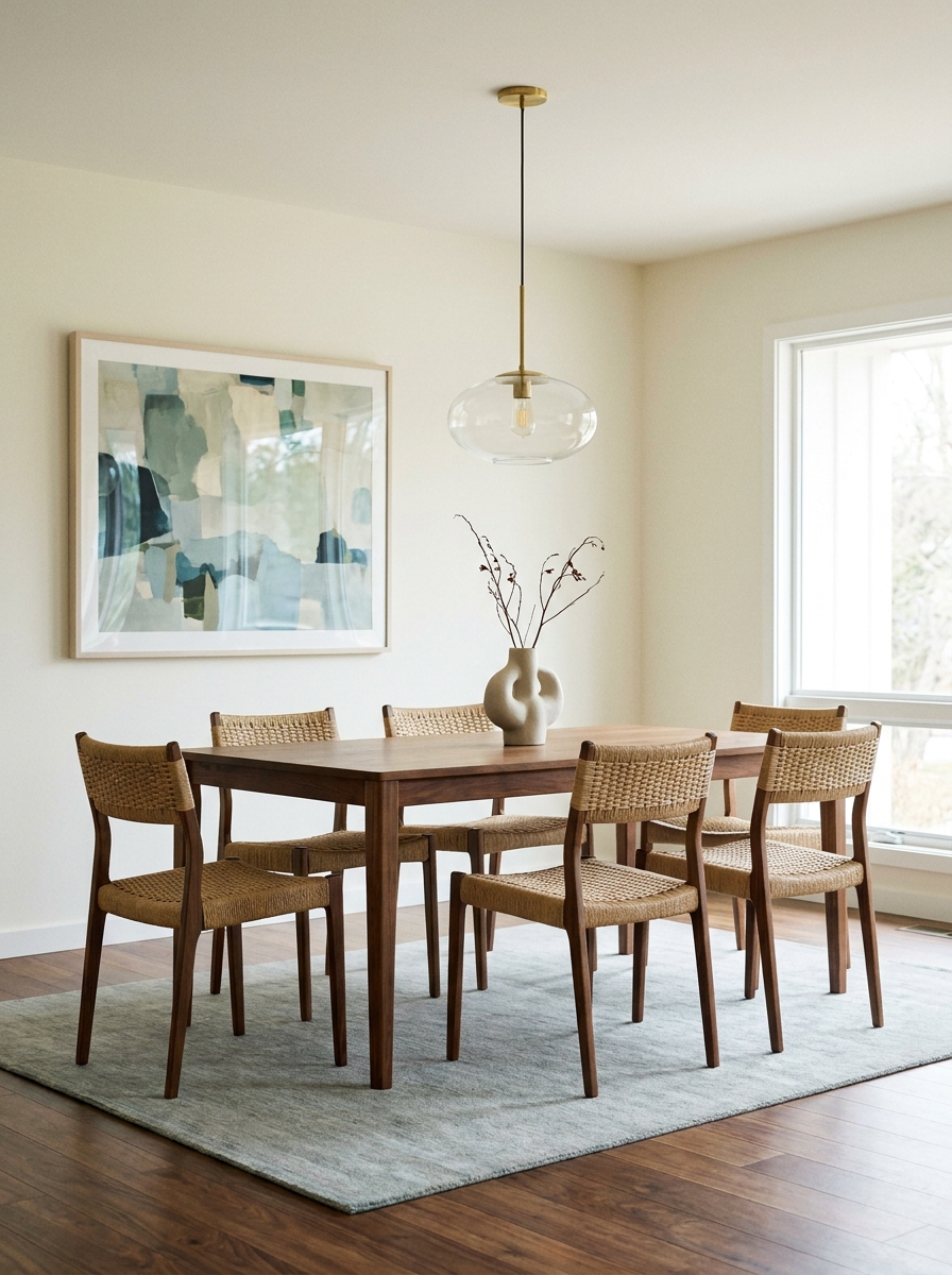 Minimal mid-century modern dining room with walnut table, elegant chairs, one vase, pendant light, and framed art