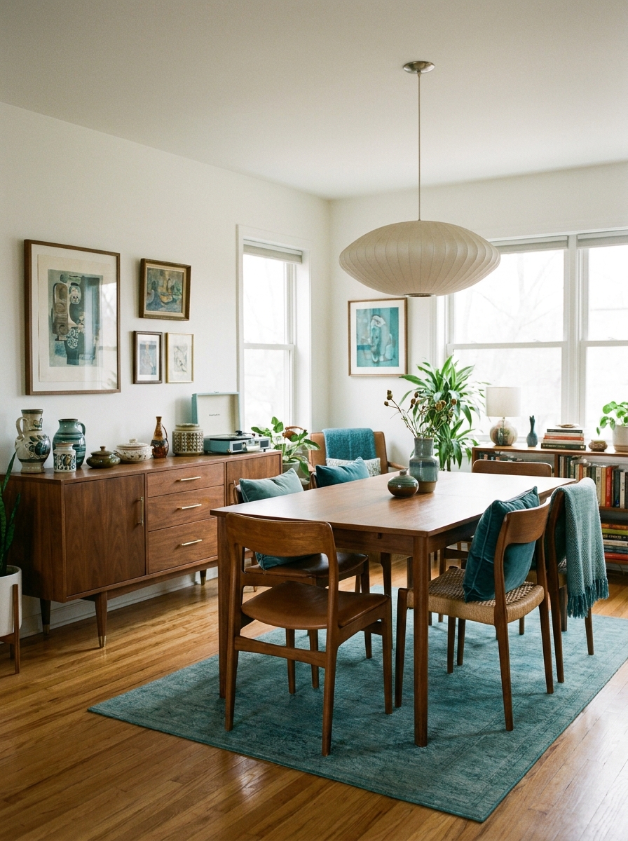 Mid-century dining room with walnut sideboard, clean-lined table, mixed-material chairs, and retro pendant