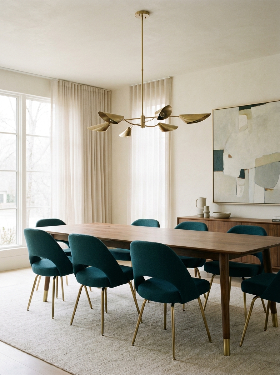 Mid-century modern dining room with deep teal upholstered chairs, walnut table, brass chandelier, and ivory walls