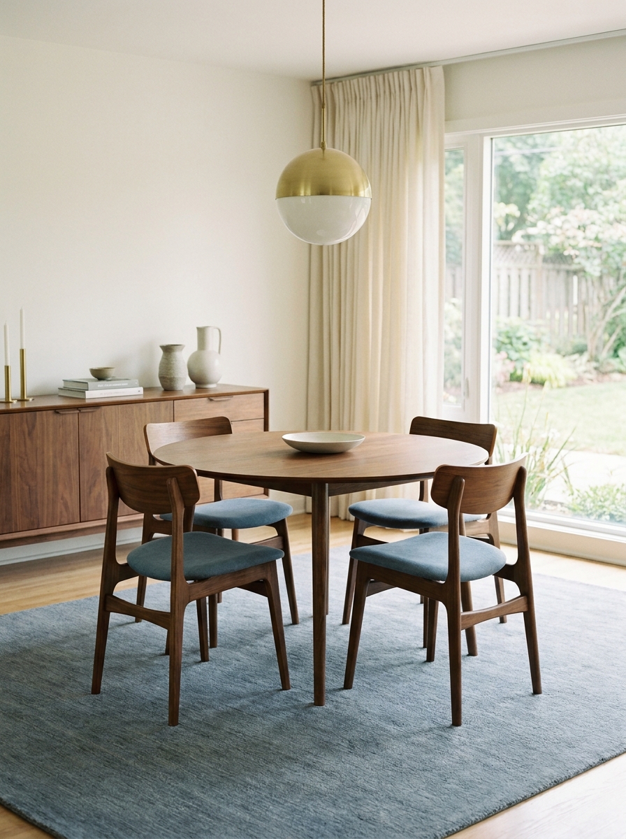 Round walnut dining table with curved chairs, blue-gray rug, globe pendant, and minimal sideboard