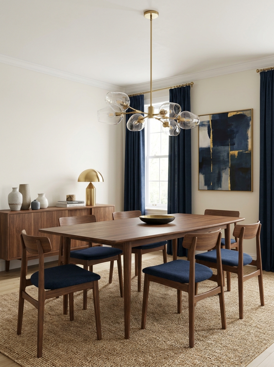 Sculptural brass pendant light above a walnut dining table with navy accents and a low sideboard